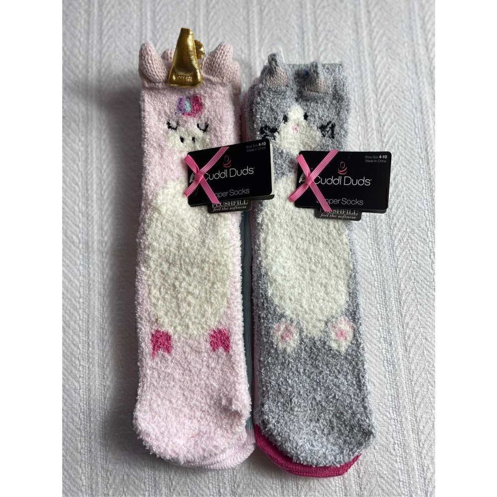Cuddl Duds Girls Shoe Size 4-10 Lounge Crew Slipper Socks Total 4 Pr